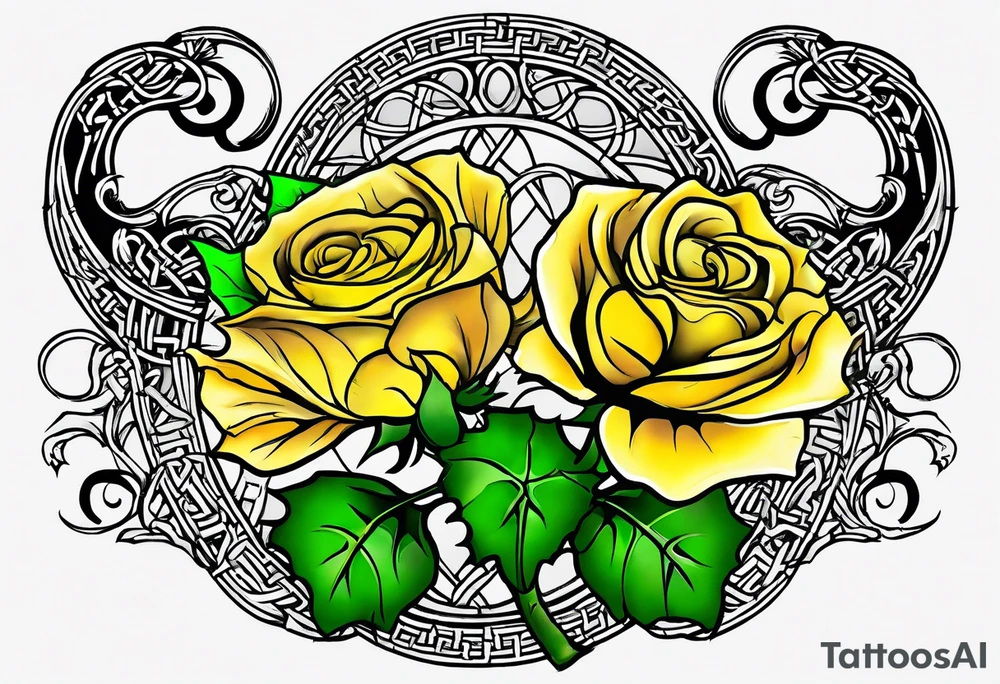 A Scottish thistle, a yellow rose and a shamrock with stems intertwined spelling KND in celtic lettering tattoo idea