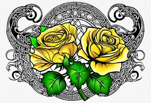 A Scottish thistle, a yellow rose and a shamrock with stems intertwined spelling KND in celtic lettering tattoo idea