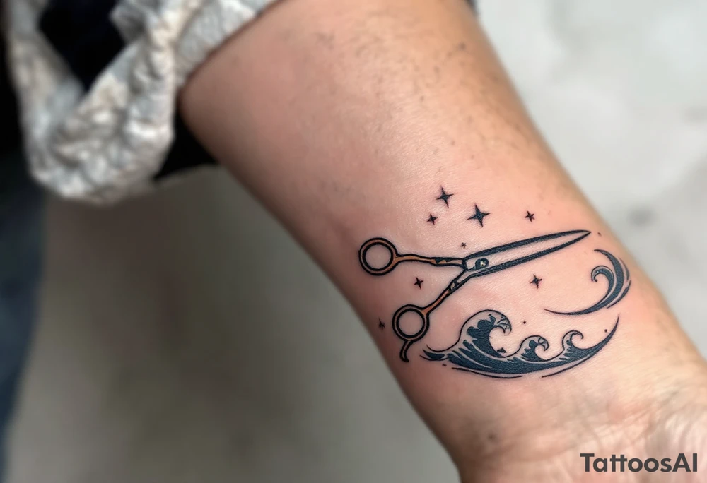 Sailor Scissors Tattoo – Scissors styled in a traditional sailor tattoo design with bold black lines and a touch of red or blue to make it pop, featuring waves and stars around them for a nautical theme. tattoo idea