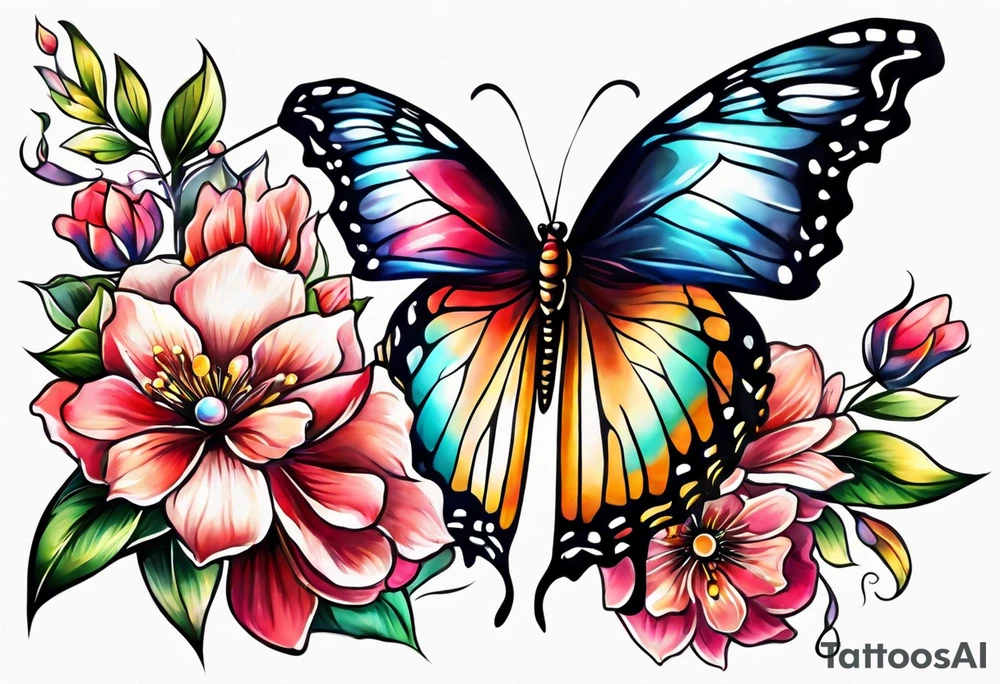 Butterfly and flowers, spine tattoo cover up tattoo idea