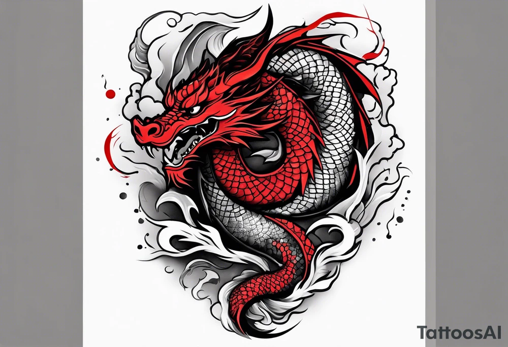 dragon irezumi arm sleeve in black and red with water and lightning tattoo idea