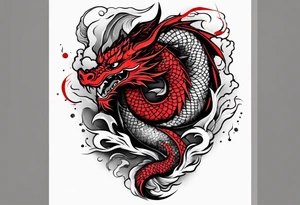 dragon irezumi arm sleeve in black and red with water and lightning tattoo idea