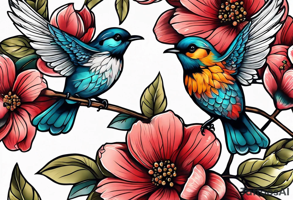 Two birds, two bees, red fruit tattoo idea