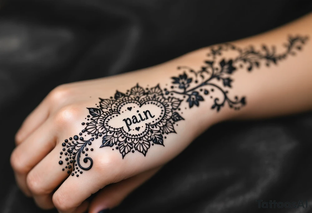 Indian style Henna tattoo for the inner wrist include the word pain in small font tattoo idea