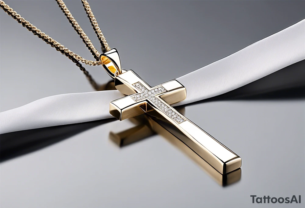 The central focus is a sleek, minimalist cross, symbolizing faith or personal beliefs. Wrapped around the cross is a delicate ribbon, elegantly inscribed with the words “Stay true to who you are.” The ribbon serves as a reminder of self-identity and staying authentic to oneself. Behind the cross, a vibrant gradient of warm colors resembling a sunset creates a striking backdrop, infusing the tattoo with a sense of tranquility and hope. tattoo idea