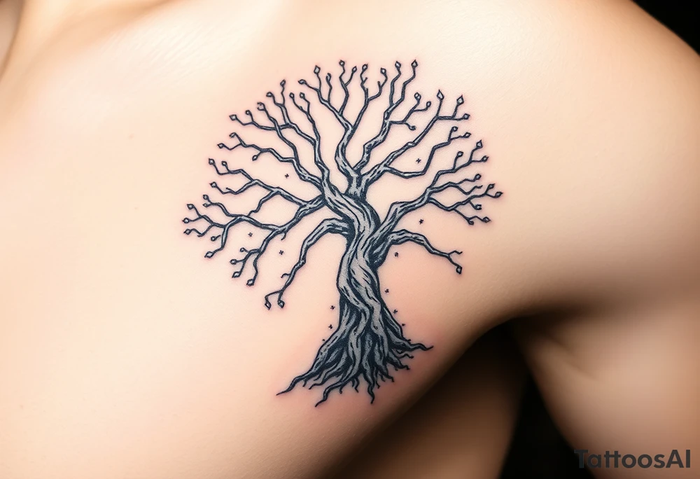 mystical tree of life with cosmic roots and celestial branches tattoo idea