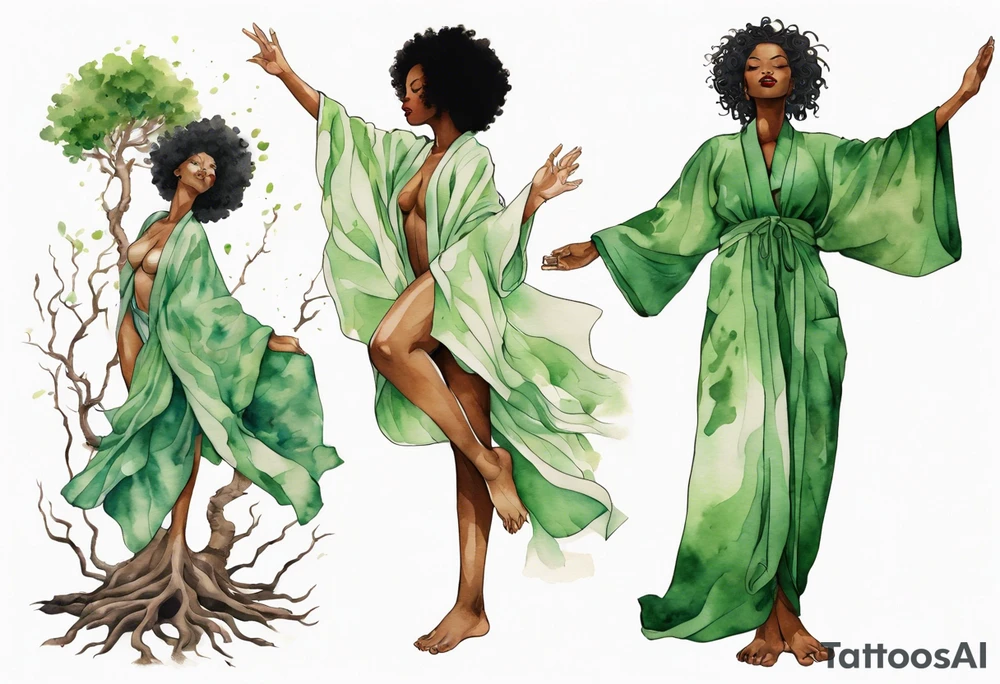 a beautiful black woman with tree roots for feet, standing with arms reaching out to the sun, wearing a sheer green robe tattoo idea