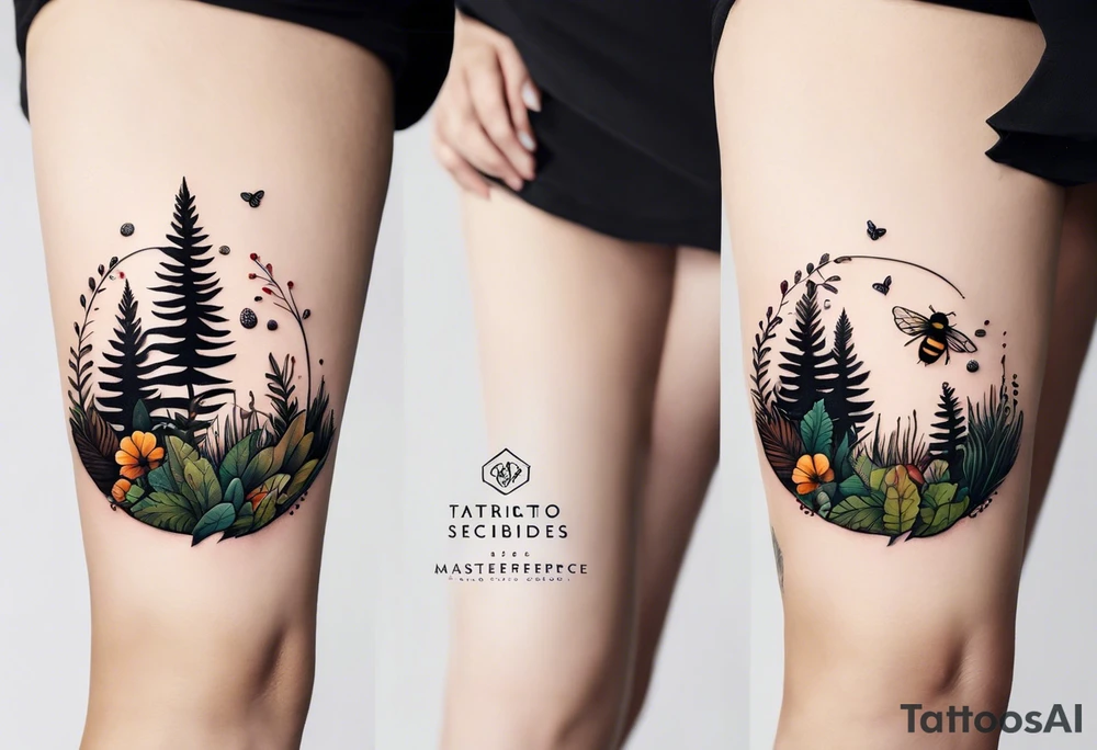 forest floor inspired minimalist tattoo, which includes grass, curly ferns, moss and dead leaves as the bulk of the tattoo. details to include: forest berries, a tiny bumblebee flying nearby, three small brown mushrooms
Generate a vertically long one tattoo idea