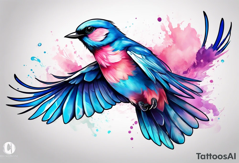 pink and blue bird in flight tattoo idea