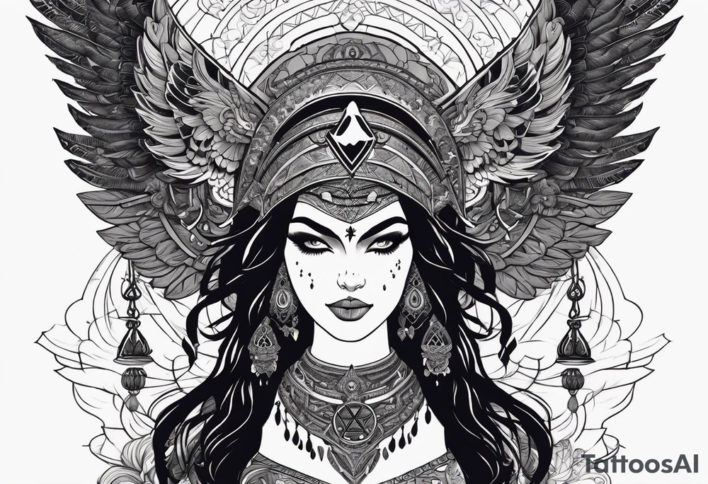 black kali, goddess pirate, alien, angel, pachamama, valkrye, warrior, flying, skull, lotus azul, wing, eagle, zenza resonance, stars, 5D, anahata chakra, death, durga, riding on a tiger, flying lady tattoo idea