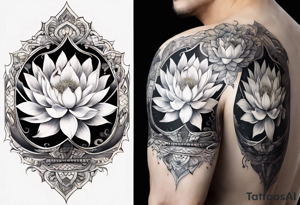 A sleeve with a a Rhaven A white Lotus 1990 and something showing change with the Rhaven tattoo idea