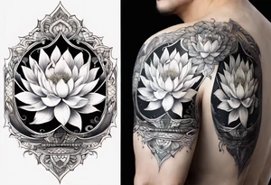 A sleeve with a a Rhaven A white Lotus 1990 and something showing change with the Rhaven tattoo idea