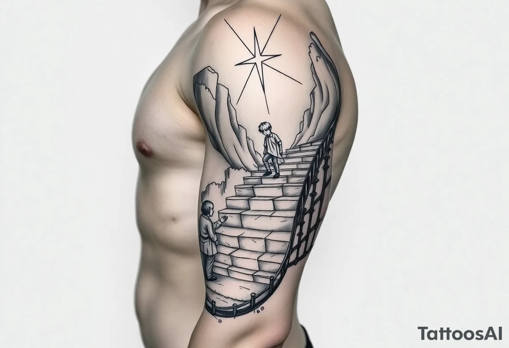 tattoo of a stairway to heaven with a little boy about to take the first step tattoo idea