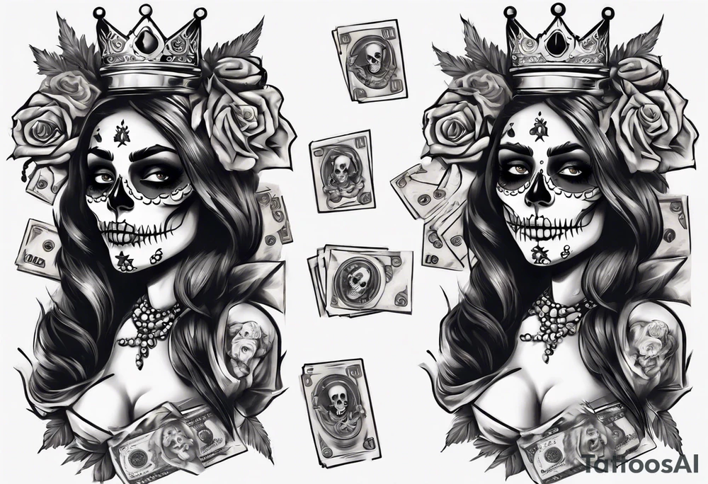 santa la muerta with money and crown
on the card tattoo idea