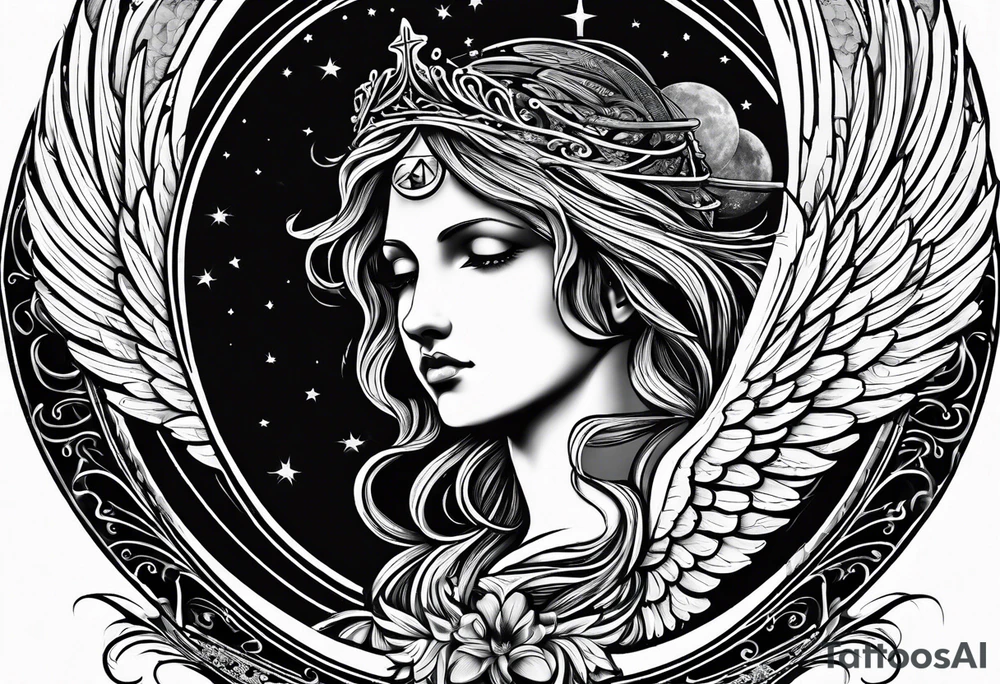 Guardian angel with a moon in the background. Something religious and some women 
eyes too. 2012 wrote 
in Roman numbers tattoo idea