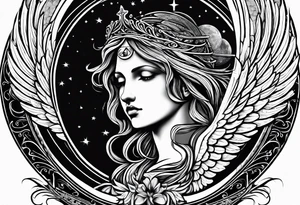 Guardian angel with a moon in the background. Something religious and some women 
eyes too. 2012 wrote 
in Roman numbers tattoo idea