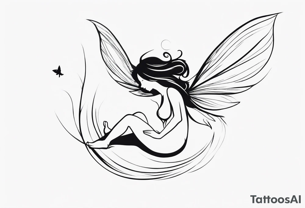 Minimalistic, monochromatic fairy with a tail flying to the left in a fetal position, leaning and looking in the same direction, with visible hands, embodying the 'Fairy Tail' logo aesthetic. tattoo idea