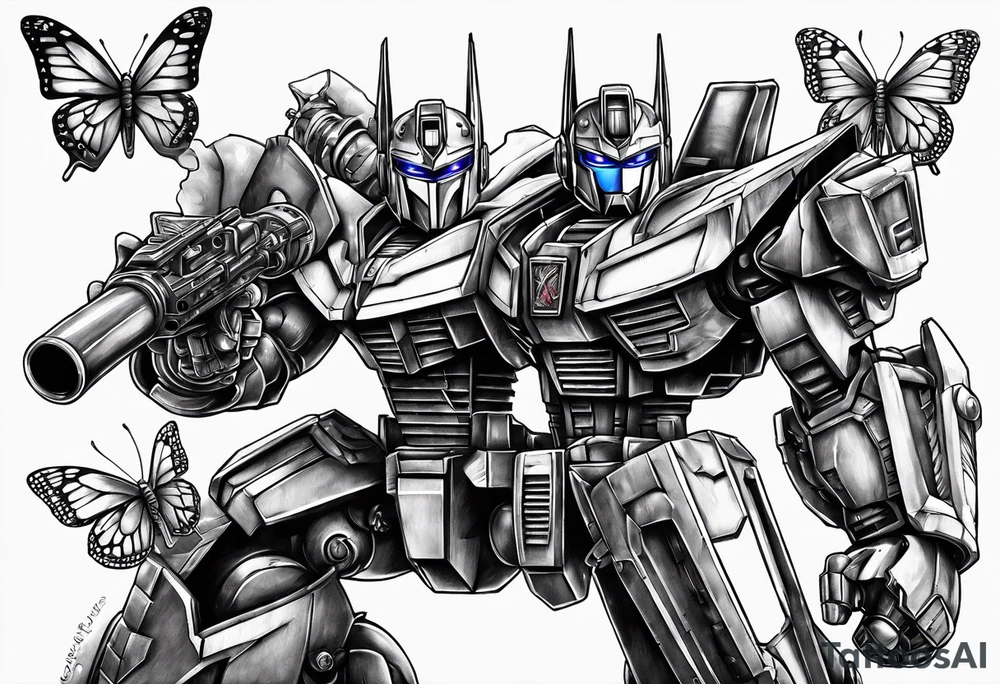 Optimus prime holding Sonic the hedgehog, a butterfly, saxophone, power ranger tattoo idea