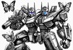 Optimus prime holding Sonic the hedgehog, a butterfly, saxophone, power ranger tattoo idea