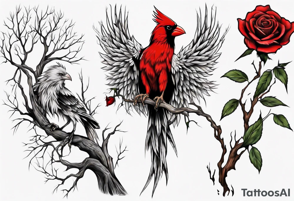 A full sleeve Willow tree with a cardinal holding a rose and a eagle tattoo idea
