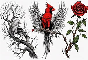 A full sleeve Willow tree with a cardinal holding a rose and a eagle tattoo idea