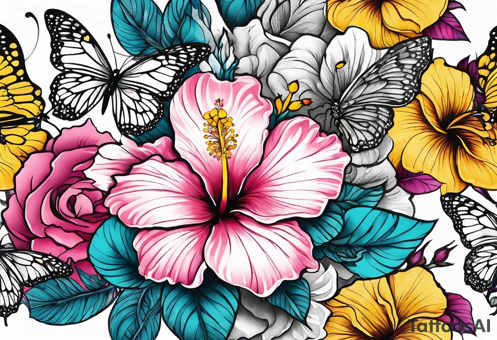 Butterfly, half flowers, hibiscus, roses, yellow, teal, pink tattoo idea