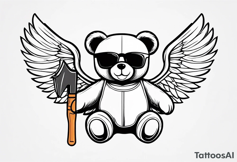 Teddy bear with wings wearing big sunglasses holding a hammer tool tattoo idea
