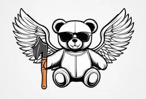 Teddy bear with wings wearing big sunglasses holding a hammer tool tattoo idea