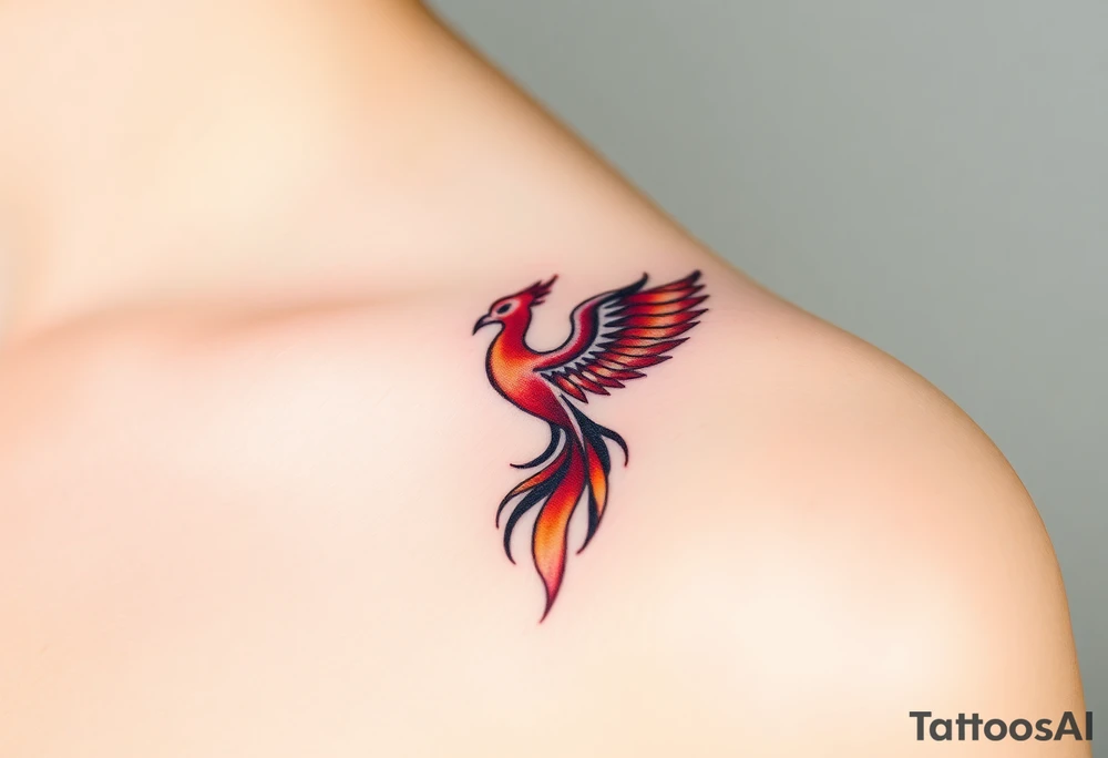 Square, phoenix rising from fire with both wings opened, colors red, pink, orange and purple. tattoo idea