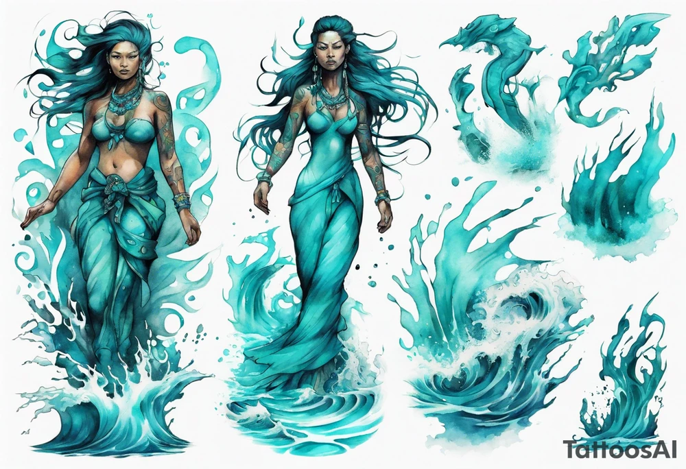 a turquoise Na'vi woman standing in the sea surrounded by crashing waves tattoo idea