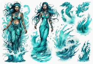 a turquoise Na'vi woman standing in the sea surrounded by crashing waves tattoo idea