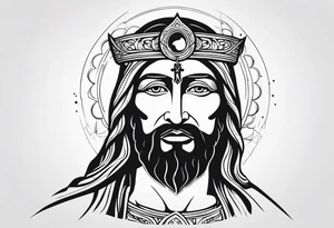 flat stern byzantine Christ with all-demanding eyes with a halo made of peacock feathers tattoo idea