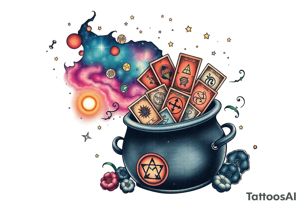 Milky way galaxy filled with zodiac symbols runes tarot cards coming out of a cauldron tattoo idea