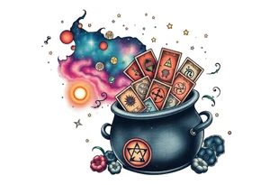 Milky way galaxy filled with zodiac symbols runes tarot cards coming out of a cauldron tattoo idea