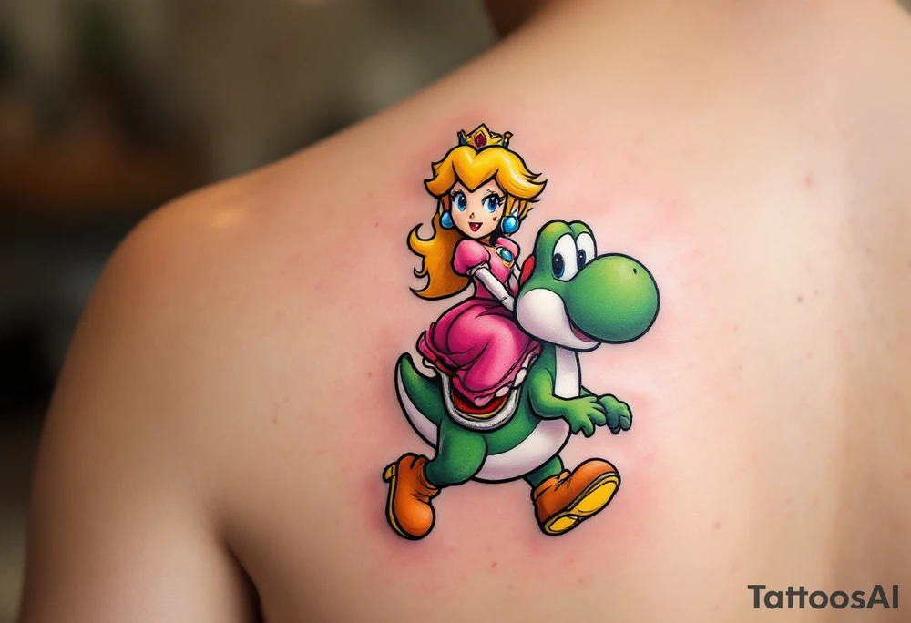 Princess Peach riding Yoshi from Mario Bros with vibrant colors. Make it more like the super Mario bros movie. Her dress should be poofier and covering her legs while he has red saddle with white trim. He should be walking upright. Make him look towards the camera with an open mouth smile tattoo idea