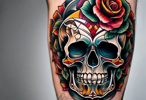 neo traditional Knee tattoo in fall colors showing a large skull with a rose in the style of Mark Mahoney tattoo idea