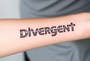 The word "Divergent" written in futuristic metallic font, with a glitch effect to symbolize breaking systems tattoo idea