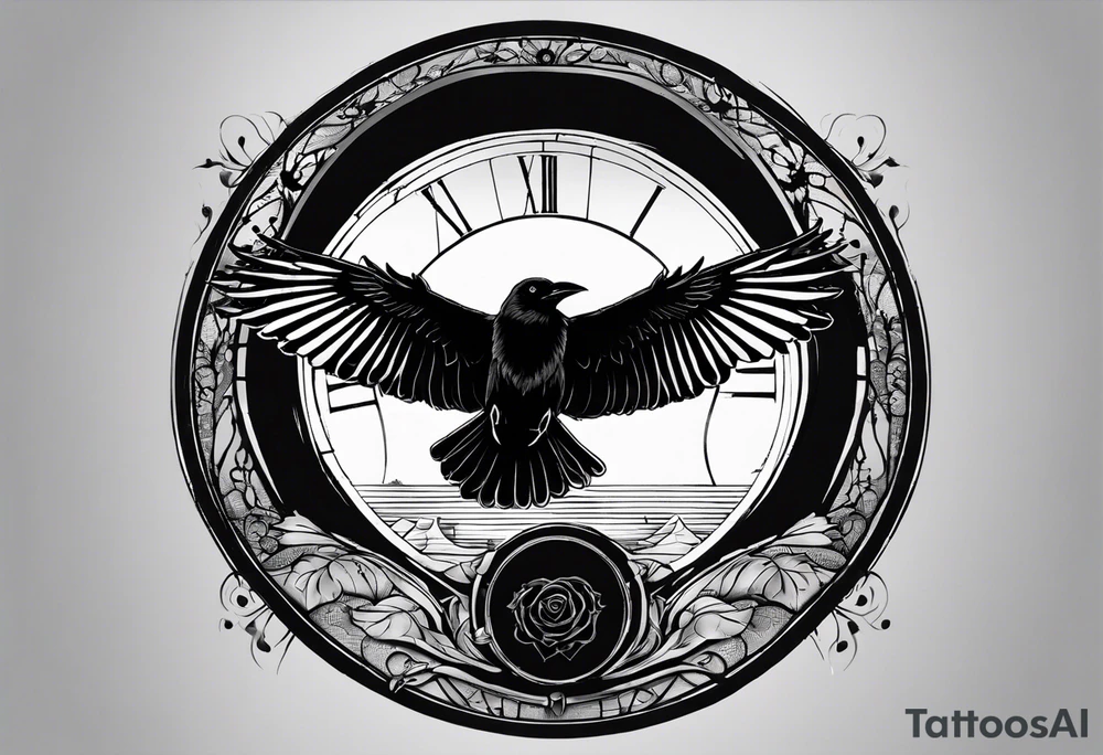 Crow with wings spread out, preached on top of a circle window with the words Time doesn’t heal anything, it just teaches us how to live with the pain tattoo idea