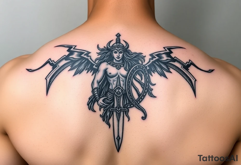 Greek goddess warrior with dagger and realistic lighting bolts going around body Greek mythology style with dark shading tattoo idea