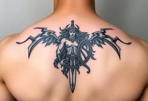 Greek goddess warrior with dagger and realistic lighting bolts going around body Greek mythology style with dark shading tattoo idea