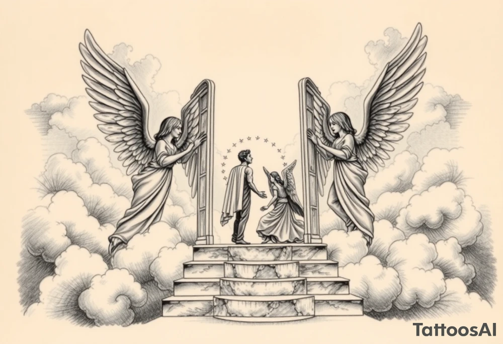 Too strong maleangels holding open the gates of heaven with the male figure walking up the steps.Saying fly high baby boy Realistic angels With clouds in the background and I won't text that I fly hi.Gh baby boy chess fully covered And a woman angel have body over thit on it tattoo idea