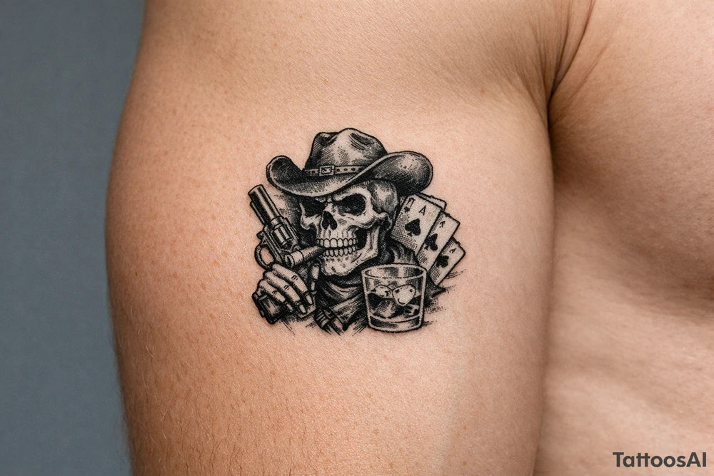 skull with cowboy-hat, cigar in his mouth, a gun in a hand, playing cards, whiskey-glass. tattoo idea