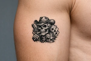 skull with cowboy-hat, cigar in his mouth, a gun in a hand, playing cards, whiskey-glass. tattoo idea