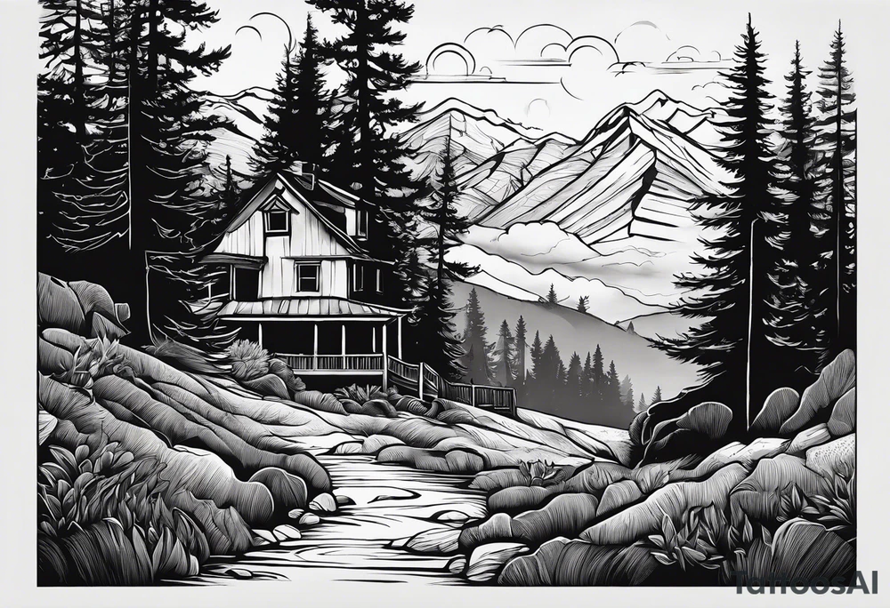 A shadow of a family of four walking through the Pacific northwest landscape. Faith centered and add Mexican culture .  Shoulder Tattoo tattoo idea