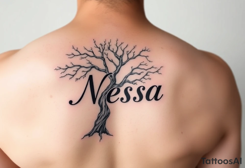 the name Nessa in a live tree tattoo idea