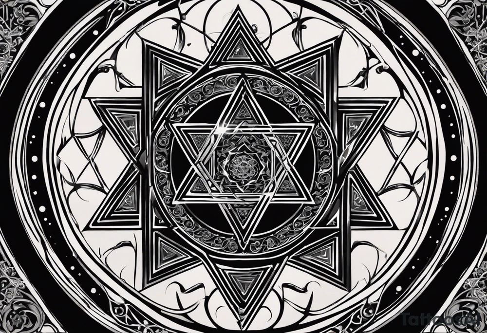 The main element should be a Star of David Inside the star, I want the Armenian Wheel of Eternity.

	•	The Wheel of Eternity should be placed in the center of the Star of David, with a circular, swirling design to symbolize infinity and continuous life cycles. It should be detailed but simple enough to blend seamlessly with the star.
	•	The overall look should be bold, clean, and geometric, with a modern and minimalist style. tattoo idea