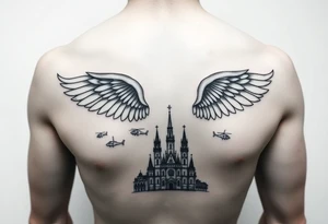 tattoo only  n the left side of the chest, paratrooper wings in the clouds with helicopters and paratroopers on their feet and below the church of cyril and methodius from prague tattoo idea