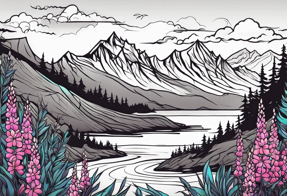 ocean mountains surrounded by lupin and fireweed with vines tattoo idea