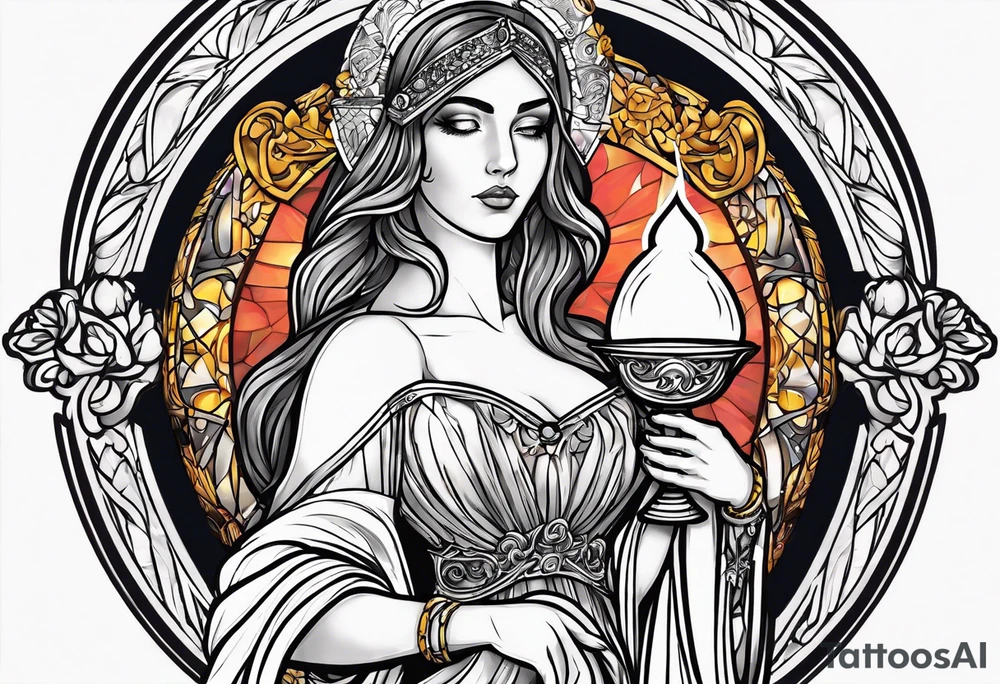 holy saint woman turned away
 holding a chalice tattoo idea