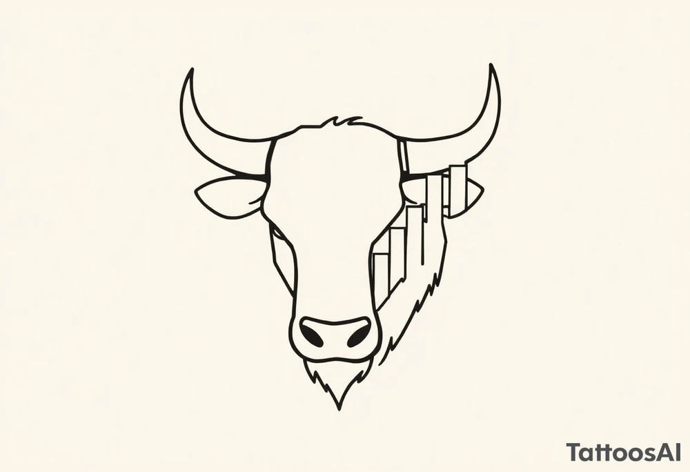 Create a minimalist black line tattoo of a bull’s head that transitions into an upward-trending candlestick stock chart. The design should have clean, fluid lines and combine the bull’s face and horns on the left, with the candlestick chart rising to the right, forming the shape of the bull’s jaw/neck. Keep the style simple and elegant, suitable for a forearm or upper arm tattoo.” tattoo idea
